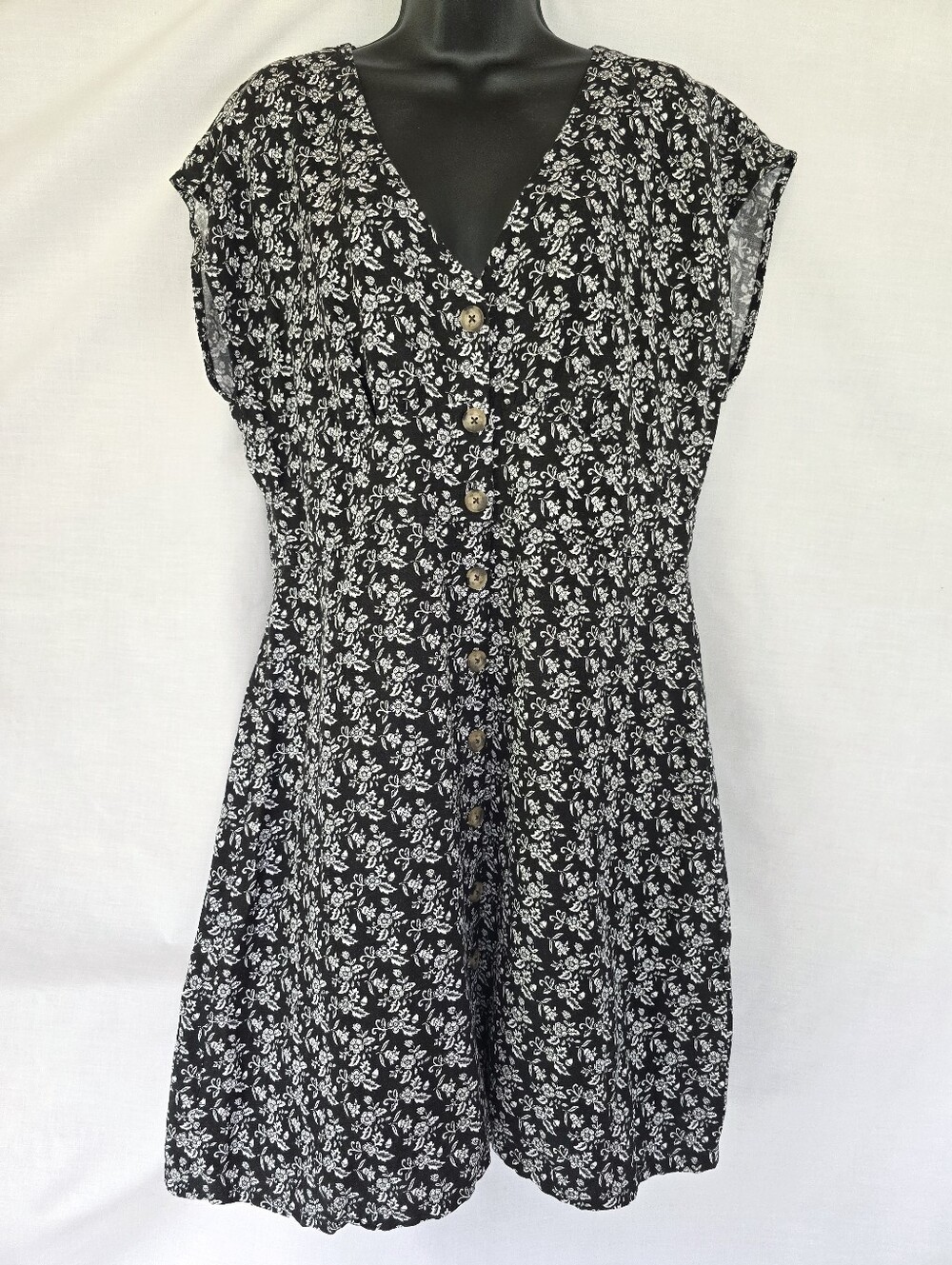 LOFT▪️Floral Button Down V-neck Linen Blend Sundress in Black & White